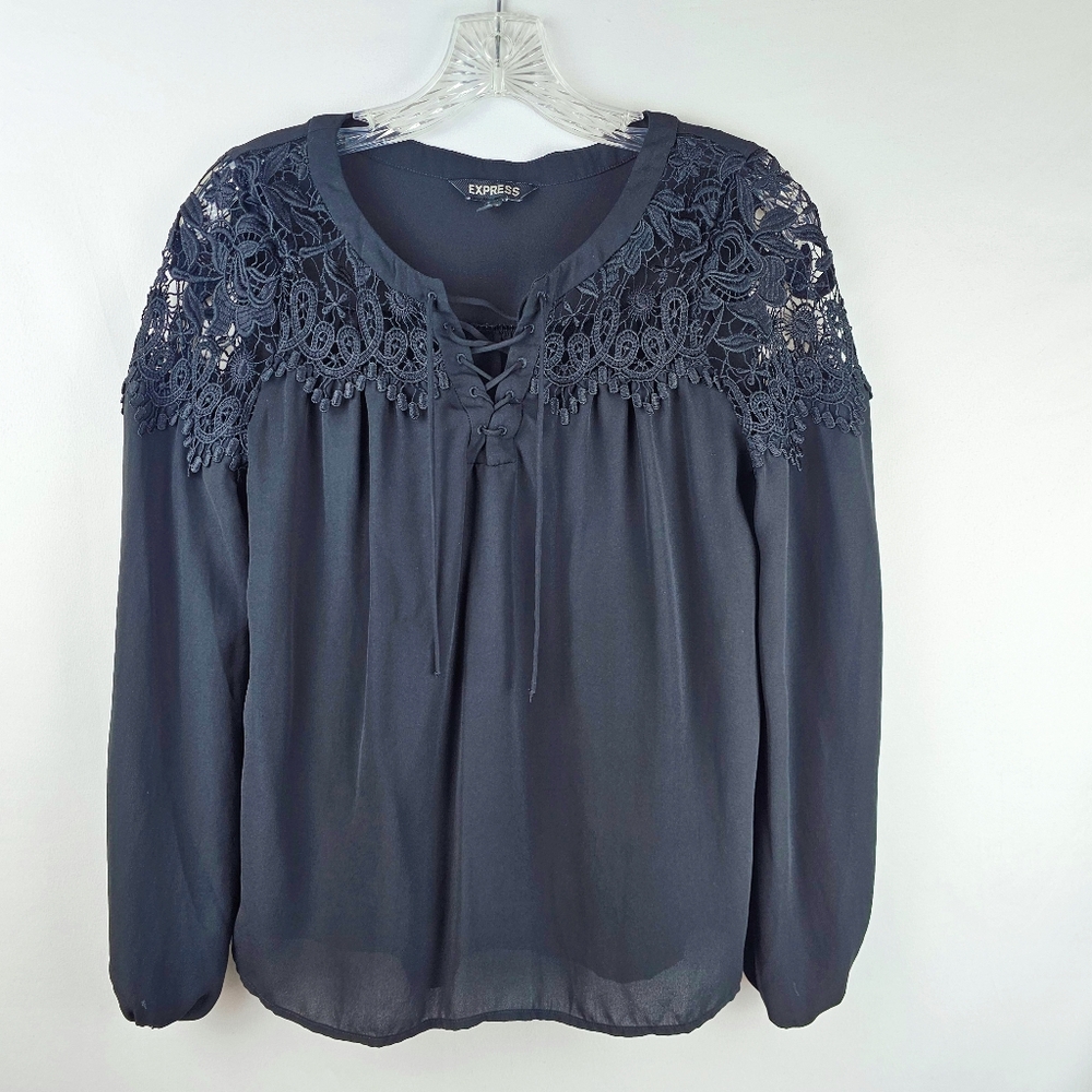 Express Sheer Shirt Crochet Detail XS Dark Feminine Boho Whimsigoth